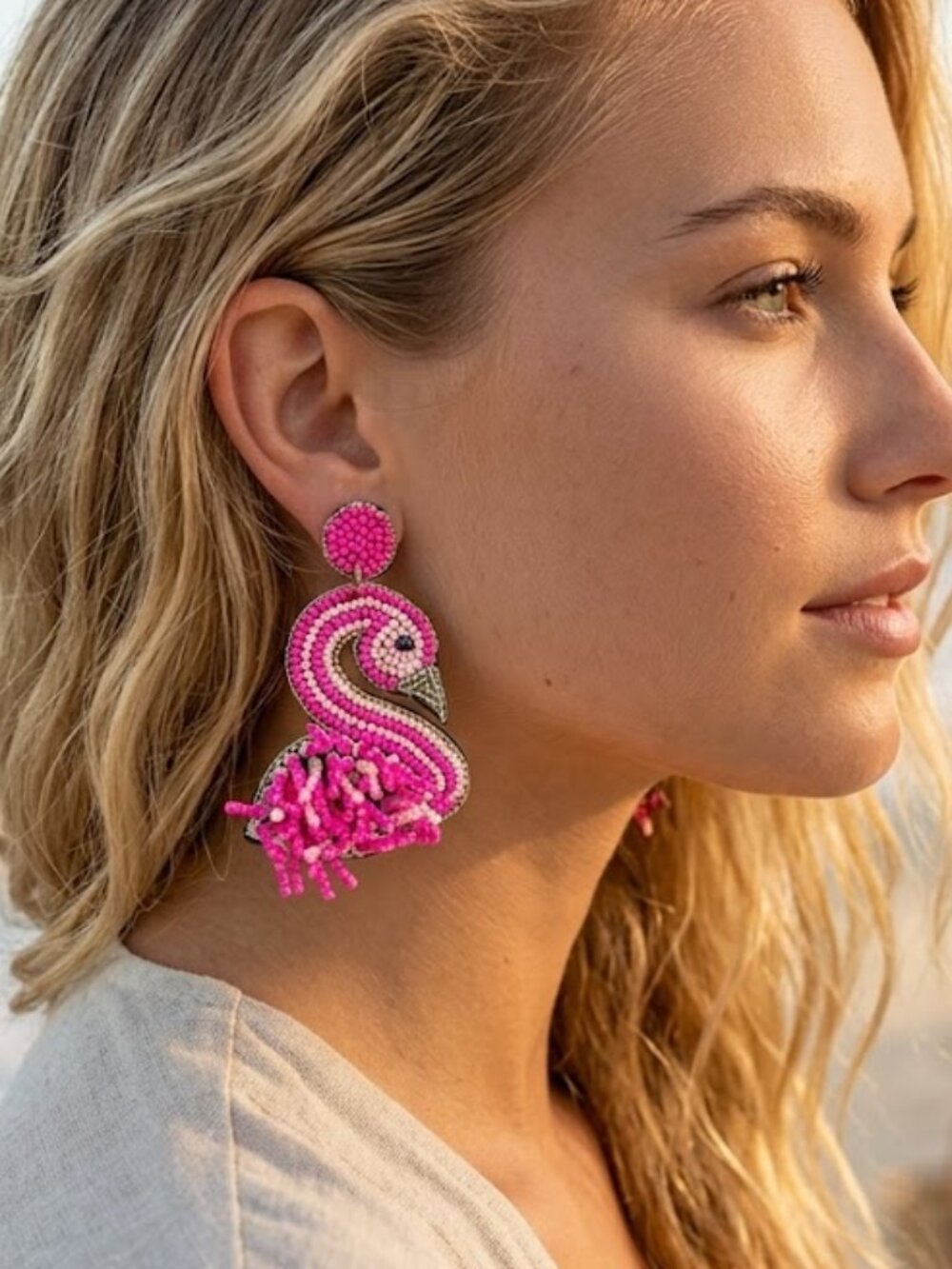 Beaded Feathered Pink Fuchsia Flamingo Bird Resort Beach Vacation Earrings NEW